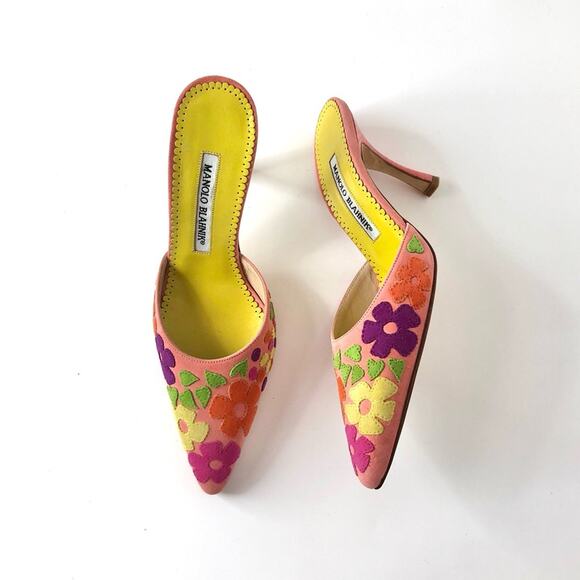 NIB Vintage Manolo Blahnik Floral Pastel Pointed Toe Heeled Mule Pumps 35.5 - Picture 1 of 7